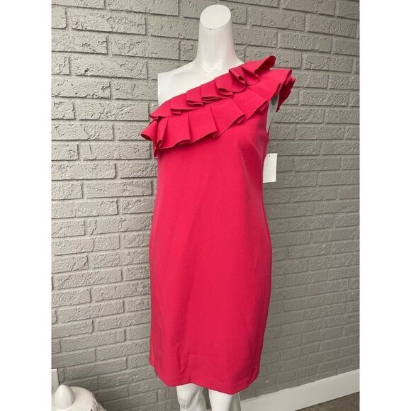 Trina Turk Pink Ruffle Off Shoulder Sheath Dress Size 2 NWT - Picture 1 of 8